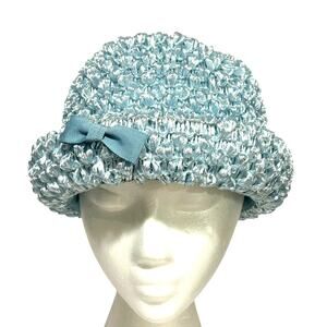 Blue straw hat with bow bowler style upturned rim union label mid century church